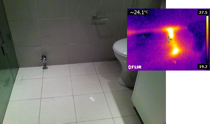 Thermal camera image to see hot water leaking under floor tiles.