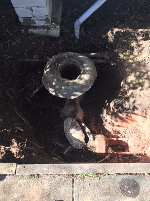 We excavated this damaged terra cotta sewer drainage which regularly blocked up due to tree roots.